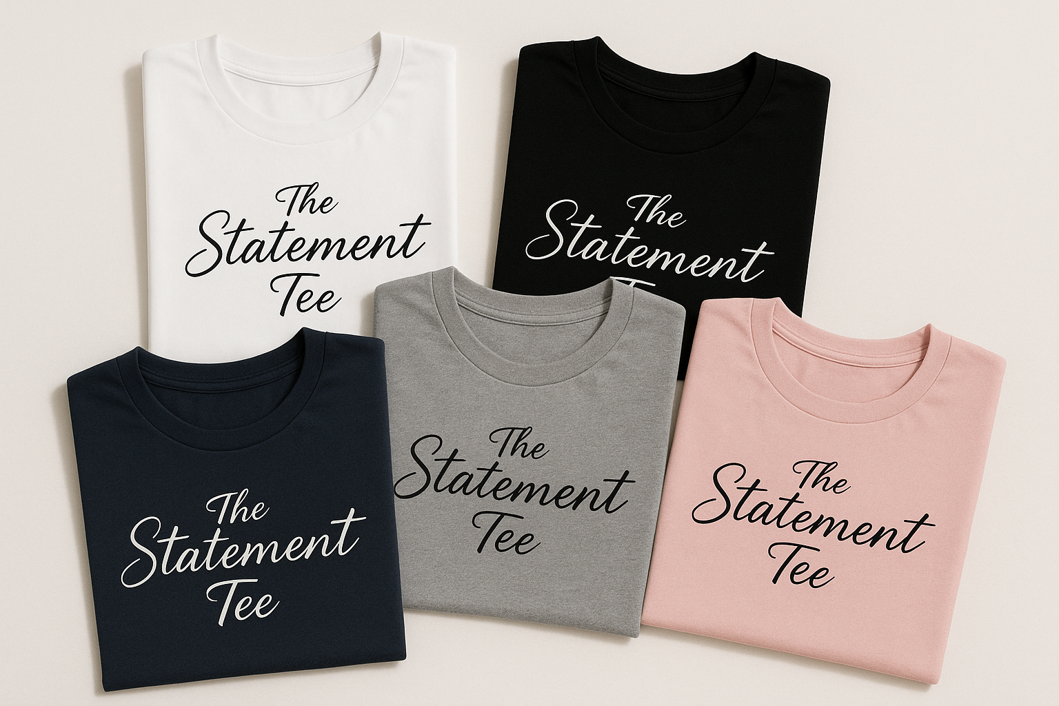 a MINIMALIST PHOTO OF SEVERAL FOLDED T-SHIRTS IN DIFFERENT COLORS, EACH WITH THE TEXT 'The Statement Tee" printed on the front in stylish cursive black logo. Modern lighting, neutral background, professional product photo.